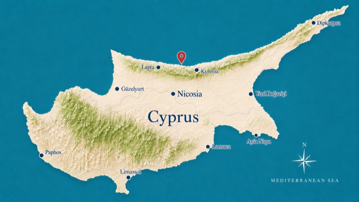 Map of Cyprus with Riviera location pin near Kyrenia