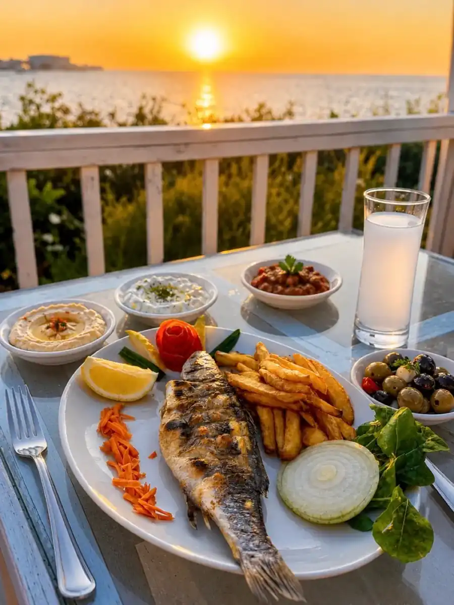 Restaurant fish dinner at sunset
